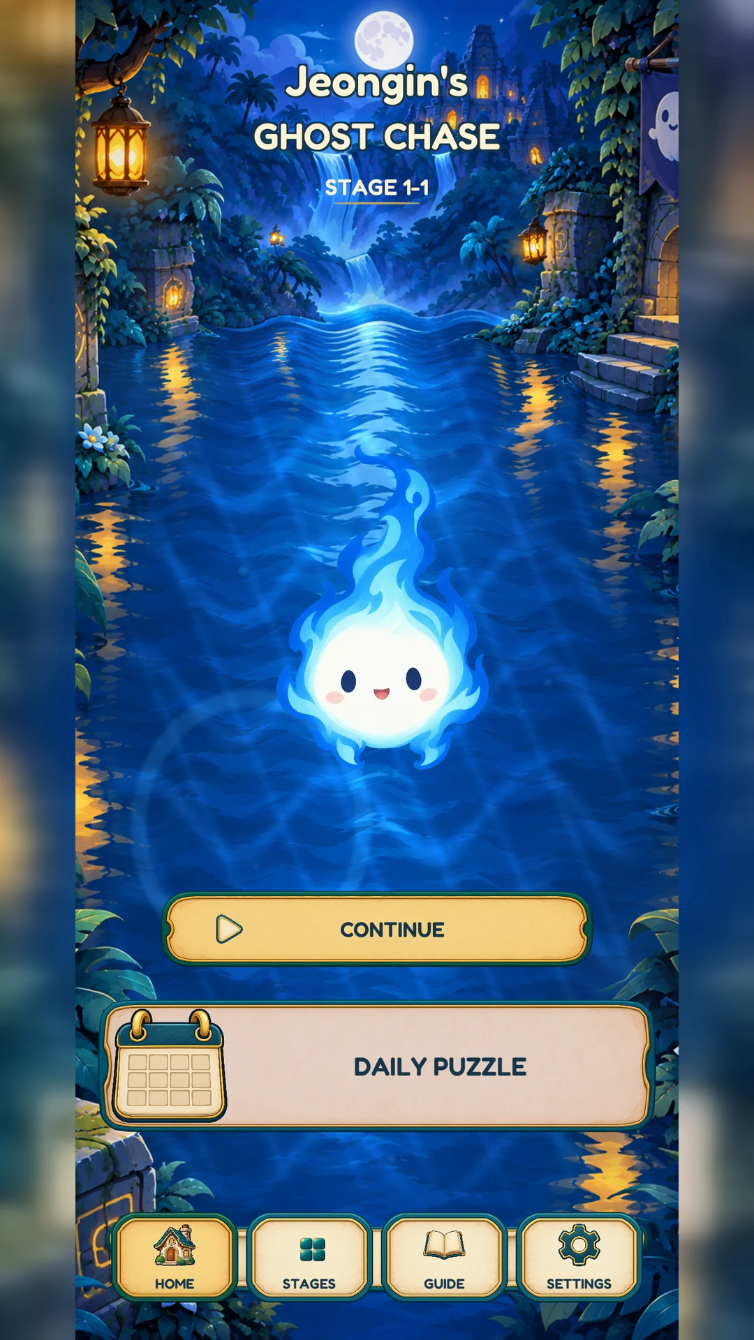 Ghost Chase illustrated 2D lobby with Wisp and a moonlit water world